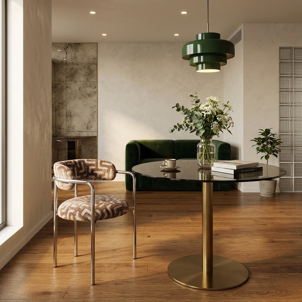 De exclusieve design armstoel met geometrisch patroon en glanzend chroom onderstel, sfeervol geplaatst aan een ronde glazen eettafel met groene hanglamp en fluwelen sofa.