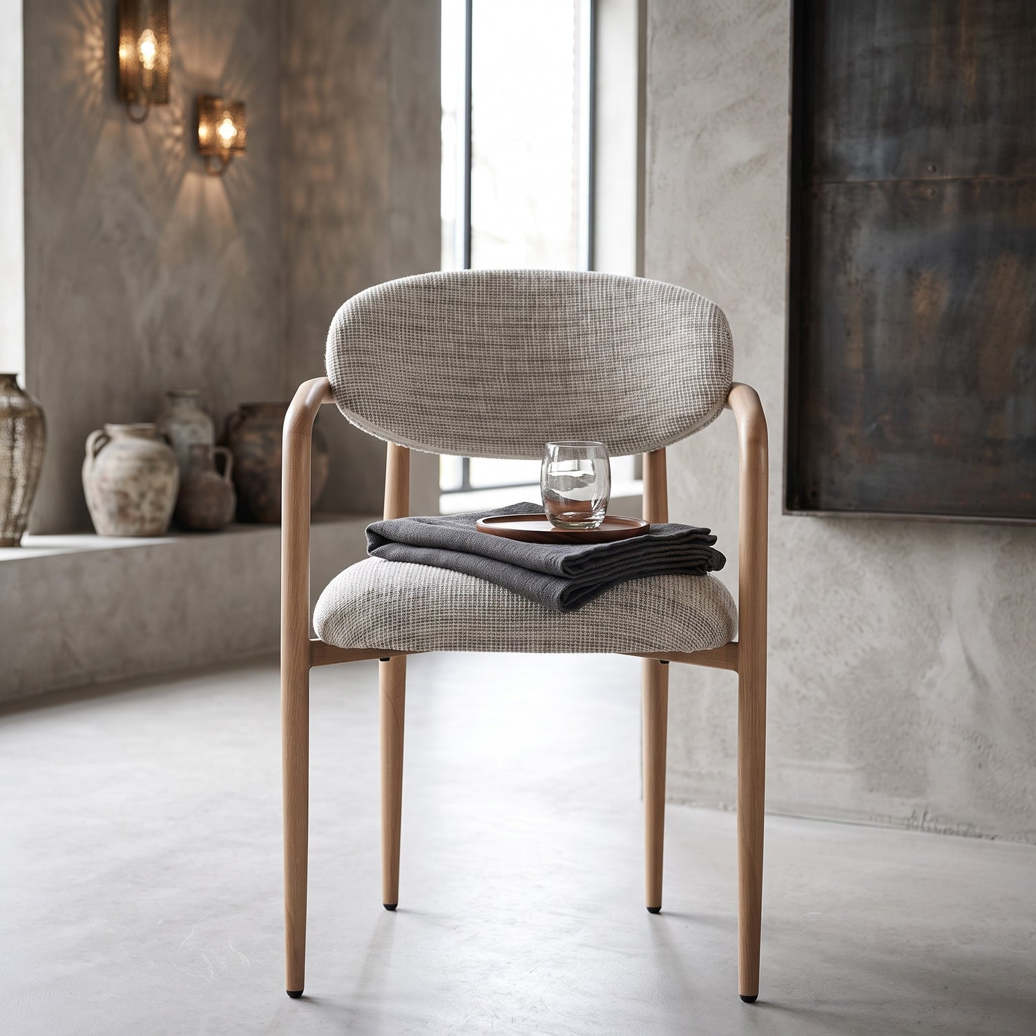 Rustgevende interieursetting met een strakke gietvloer en sfeervolle wandverlichting, waarin de Okura armstoel met een houten dienblad en glas water direct een serene Japandi-sfeer uitstraalt.