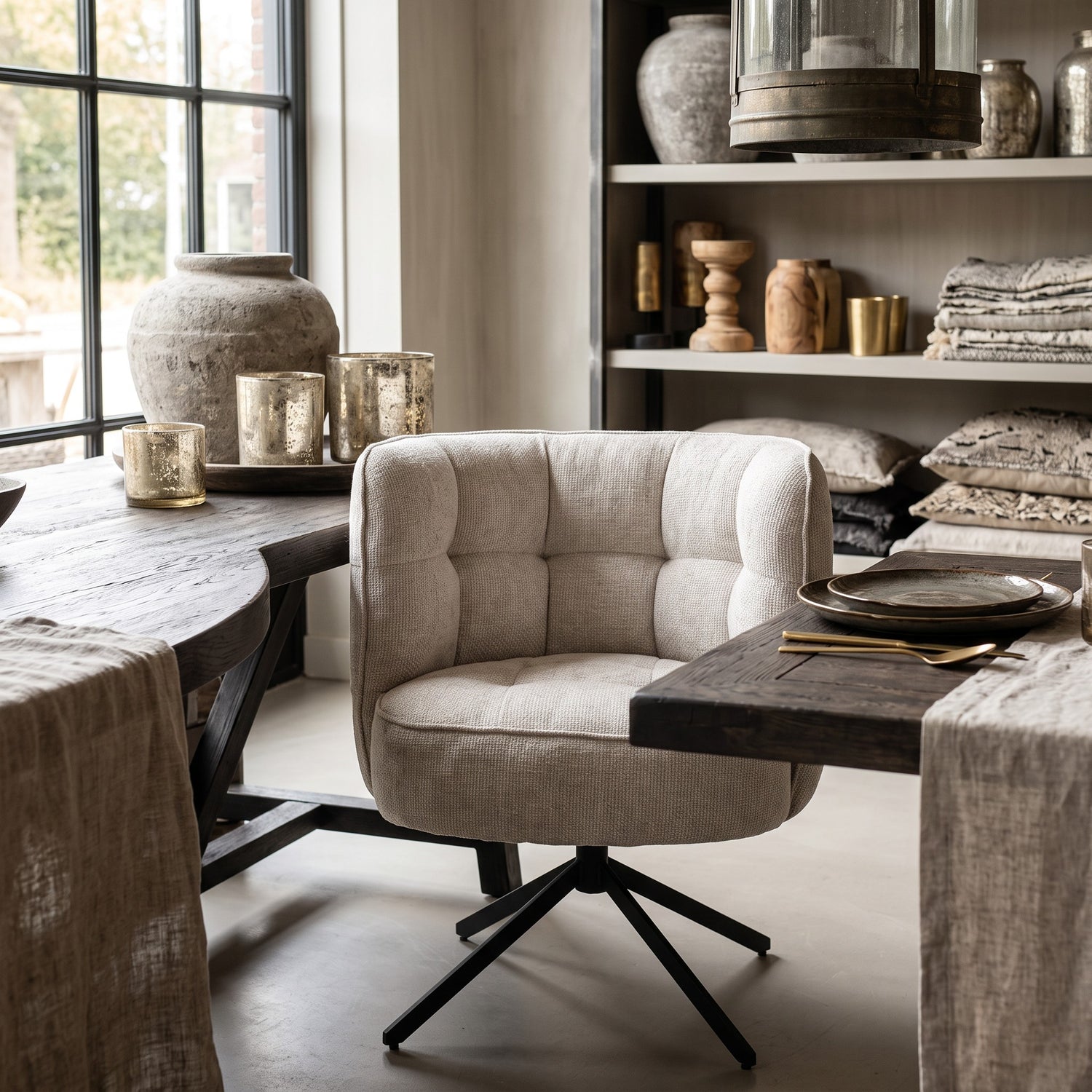 Een serene eethoeksetting met de crèmekleurige draaistoel op een grof geweven vloerkleed, aangeschoven aan een massief houten eettafel met keramiek en een open industriële vakkenkast op de achtergrond.