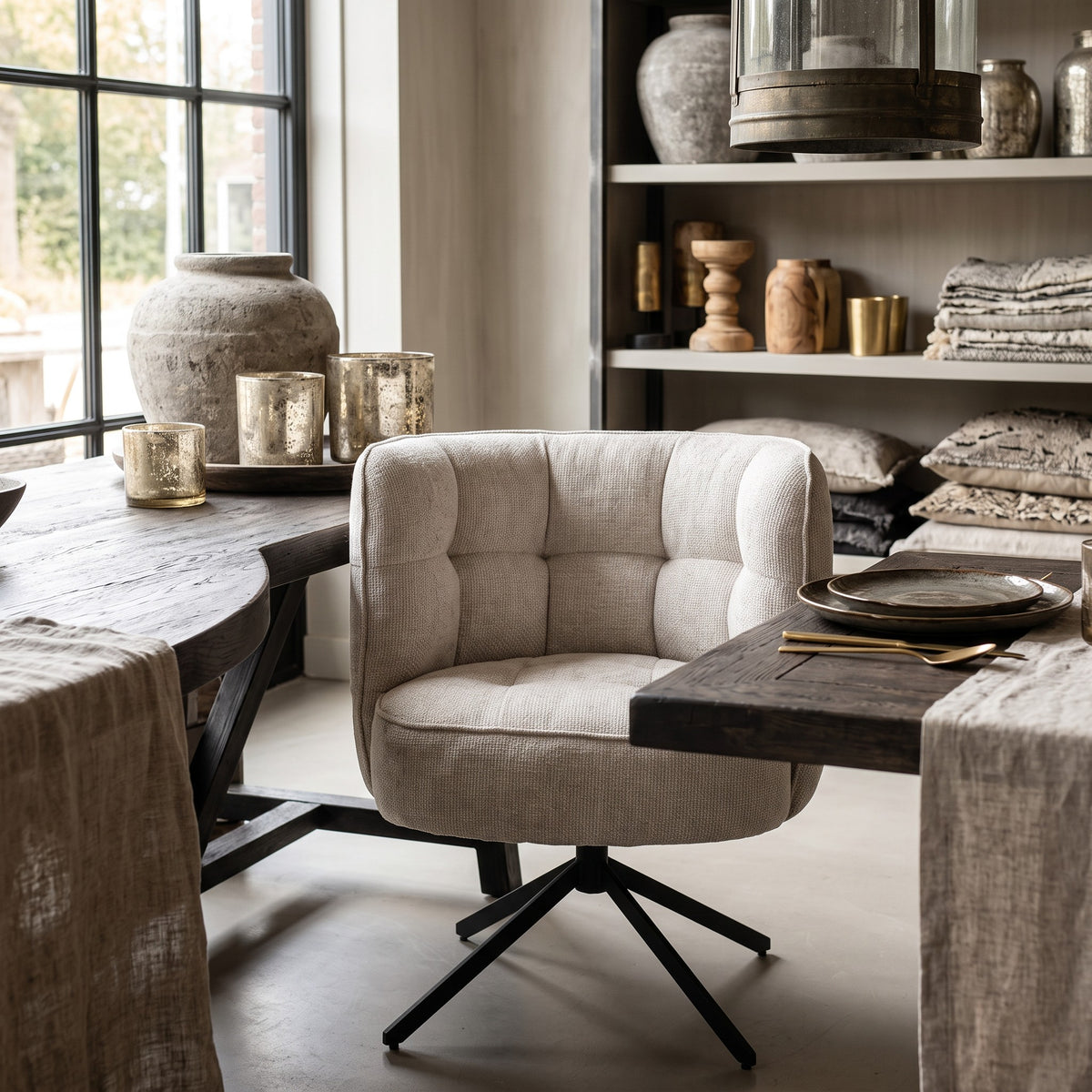 Een serene eethoeksetting met de crèmekleurige draaistoel op een grof geweven vloerkleed, aangeschoven aan een massief houten eettafel met keramiek en een open industriële vakkenkast op de achtergrond.