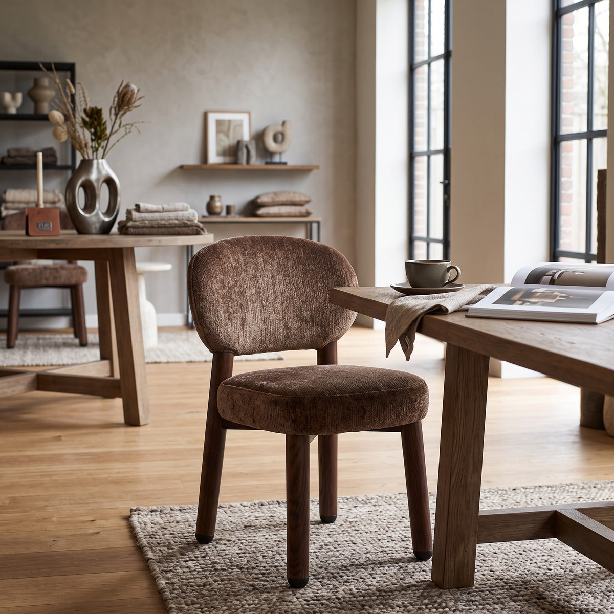 Een harmonieuze lifestyle-setting waarin de Umber designstoel tot zijn recht komt aan een houten tafel met koffiekop en open boek, geplaatst op een grof geweven vloerkleed in een lichte ruimte.