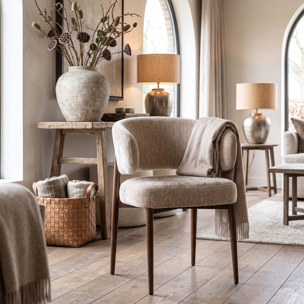 Een sfeervol interieurbeeld waarin de armstoel Tan als rustgevend designelement staat. De hotel-chique ambiance wordt versterkt door het houten dressoir, de bijzettertjes met kaarsen en de zachte plaids, wat zorgt voor een harmonieuze en uitnodigende sfeer.