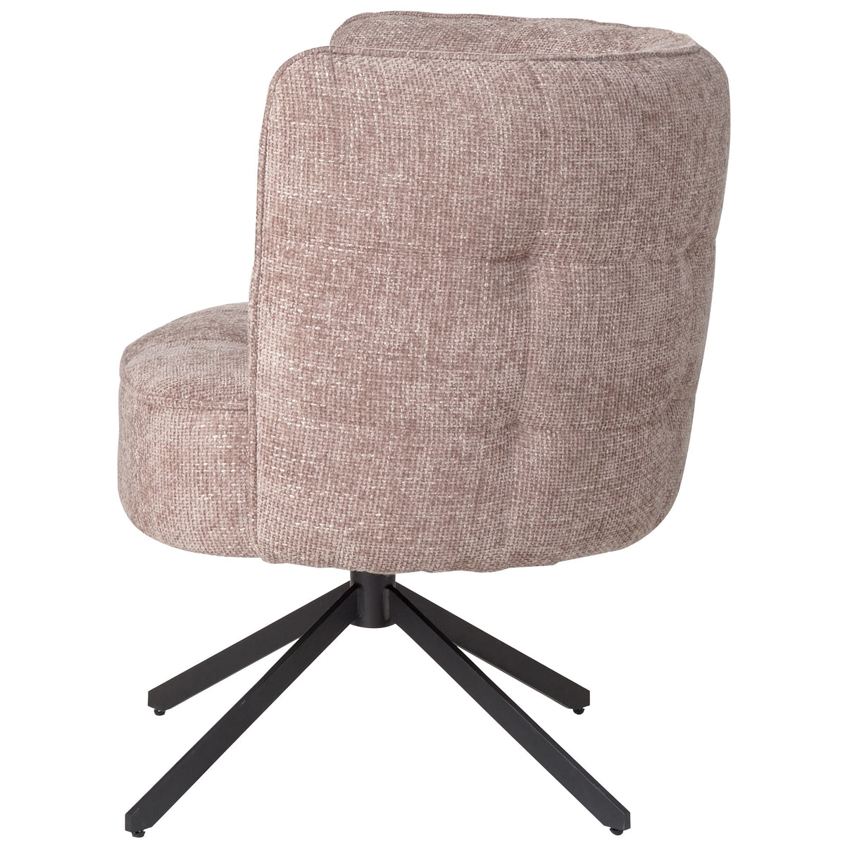 Vrijstaand zijaanzicht van de stoel op een witte achtergrond, tonend het ergonomisch gevormde profiel, de royale vulling en het stabiele zwart gepoedercoate frame.