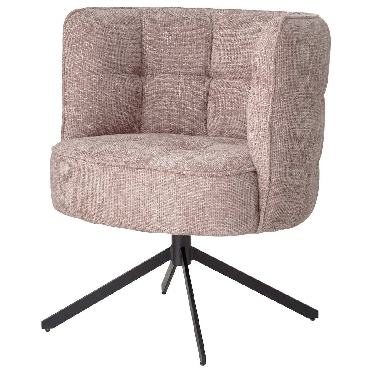 Vrijstaand schuin aanzicht van de royale draaistoel op een witte achtergrond, met focus op de comfortabele kuipzitting met pocketvering en het slanke metalen onderstel.