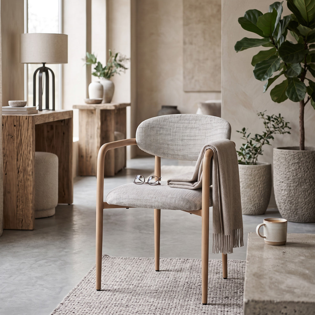 De subtiele armstoel in gemêleerde Okura stoffering sfeervol gepresenteerd op een geweven vloerkleed, voorzien van een elegante beige plaid, leesbril, koffietafel en grote kamerplant in een stenen pot.